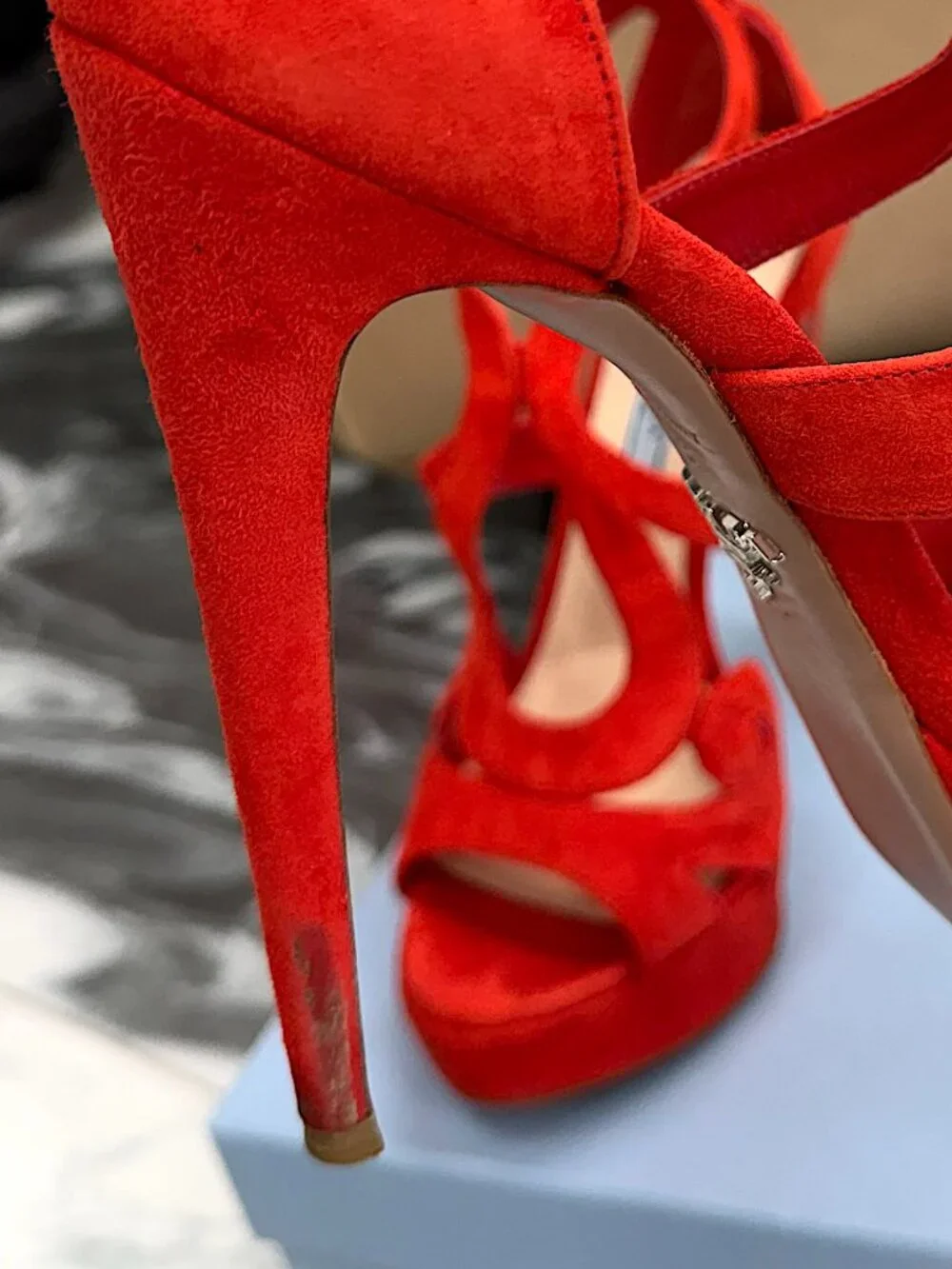 Prada Red Suede Platform Heels Strappy Sandals Stiletto Ankle Strap Size 37 - Picture 13 of 14